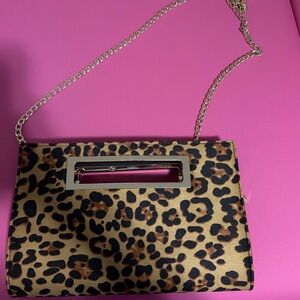 Leopard Print Crossbody Bag with Gold Chain and Pink Accent